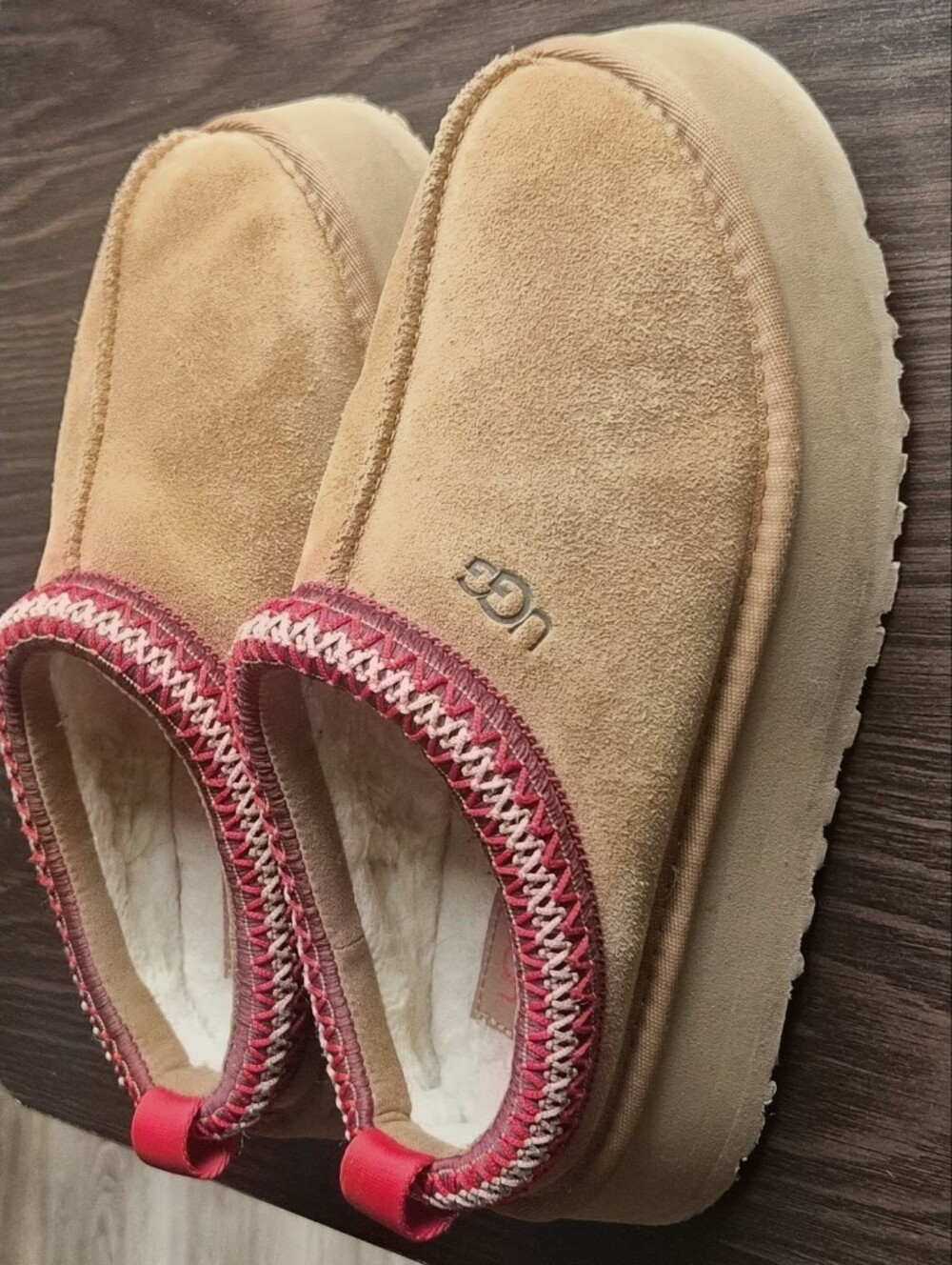UGG Women's Chestnut Suede Slip-On Slippers with Pink Trim